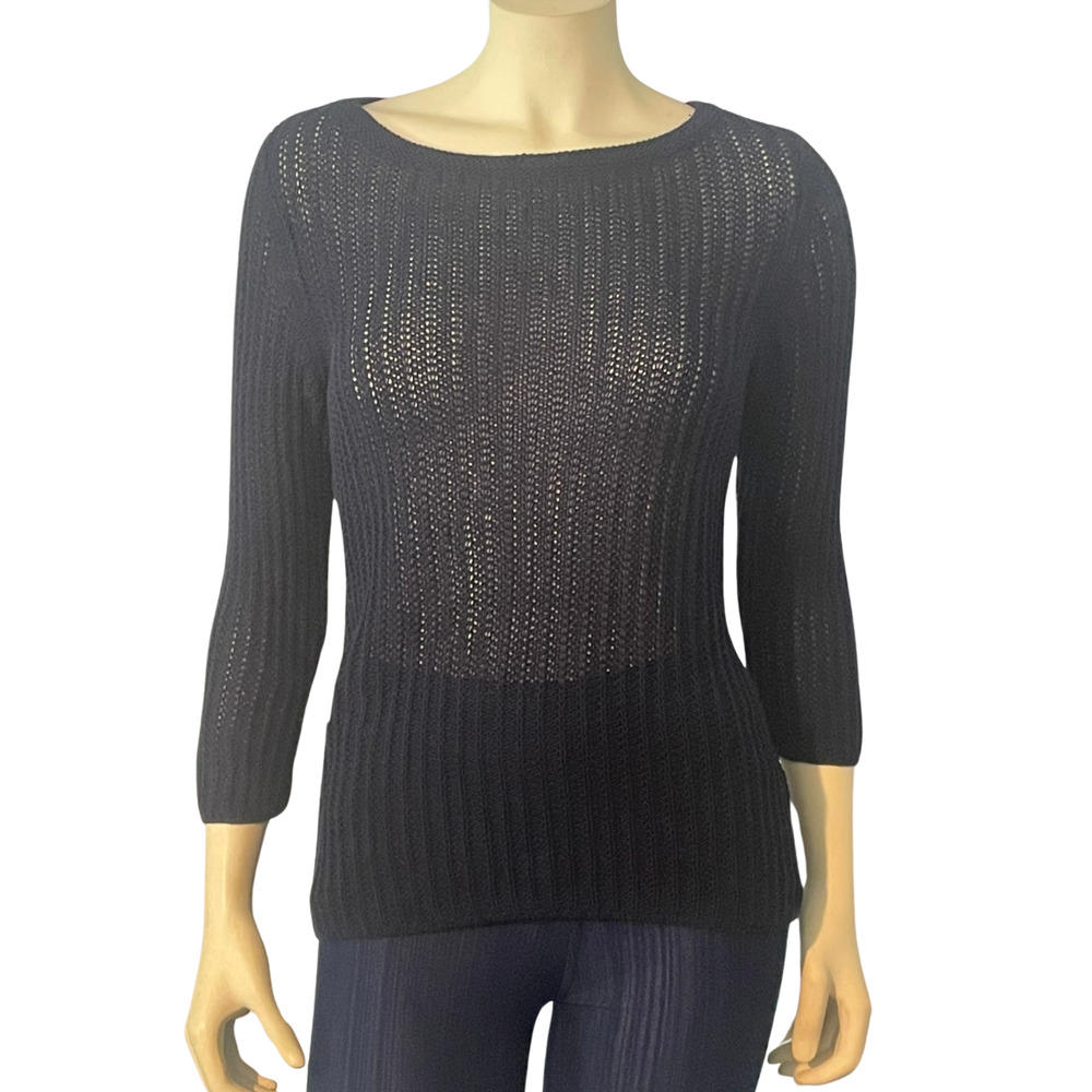 Talbots Sz S Pullover Sweater Long Sleeve Boat Neck Mesh Open Knit Navy Blue